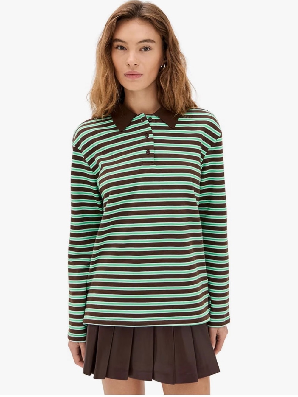 English Factory Mint and Brown Striped Polo Sweater